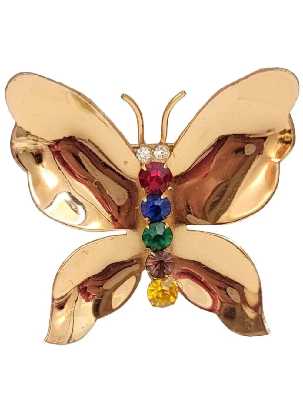 Coro Sterling Gold Tone Multicolor Rhinestone Butterfly Brooch, Signed M691
